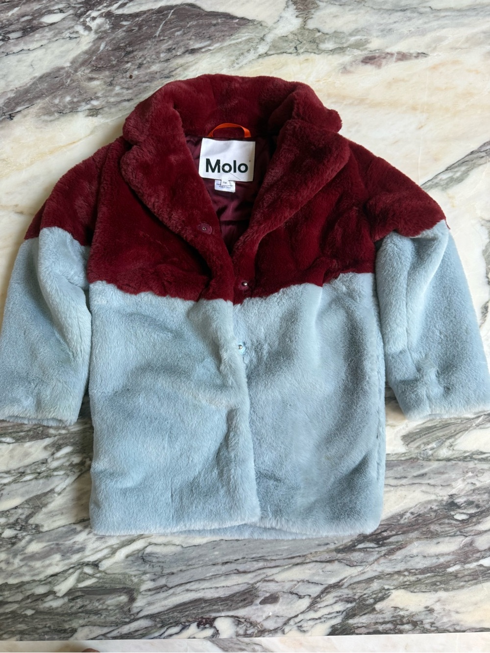 Molo Two-Tone Faux Fur Pea Coat in Burgundy and Light Blue size 7/8